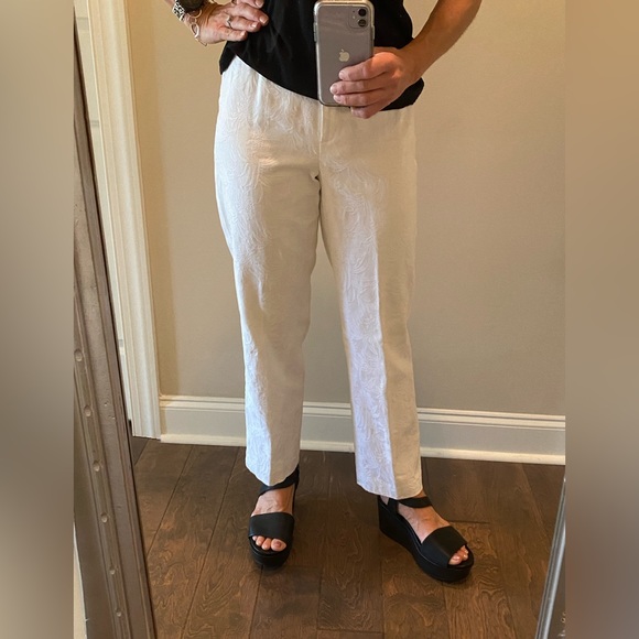 Fully Lined White Stretch Jacquard Crop Pants - Picture 1 of 7